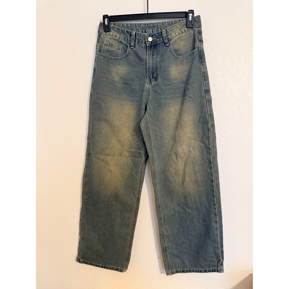Mens Wide Leg Baggy Denim Jeans Faded Blue Yellow Tinted Distressed 30x29